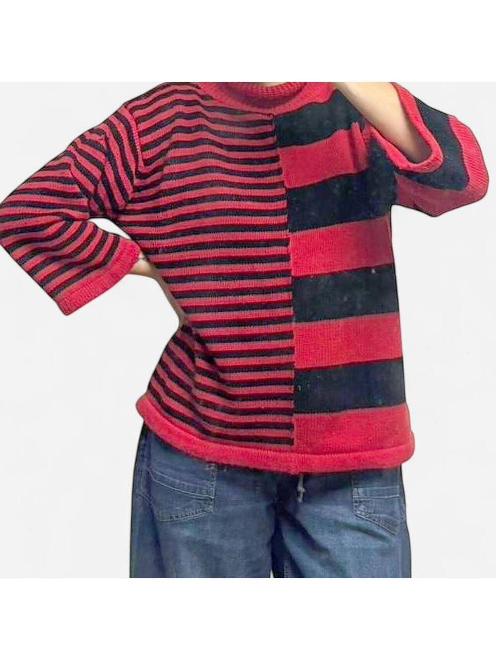 Vintage Red and Black Striped Turtleneck Sweater